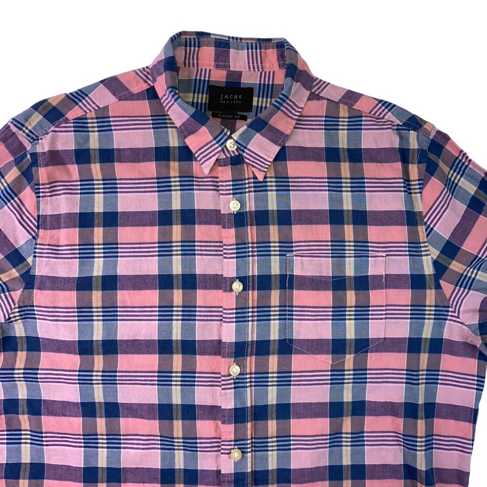 Jachs New York  Men's Large Pink Madras Plaid Shirt Classic Fit Button Up Cotton